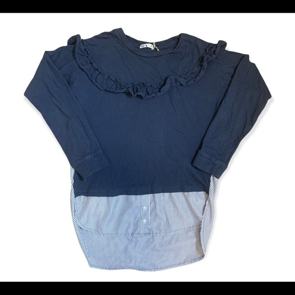 DEX Twofer Ruffle Striped Cotton Blouse Top Navy Blue Girls 10-12Y Size Large - Picture 3 of 9